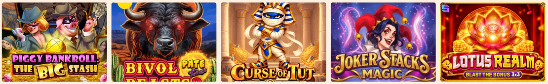 Wild Wild Casino selectie van gokkasten met Piggy Bankroll The Big Stash, Bivol, Curse of Tut, Joker Stacks Magic en Lotus Realm